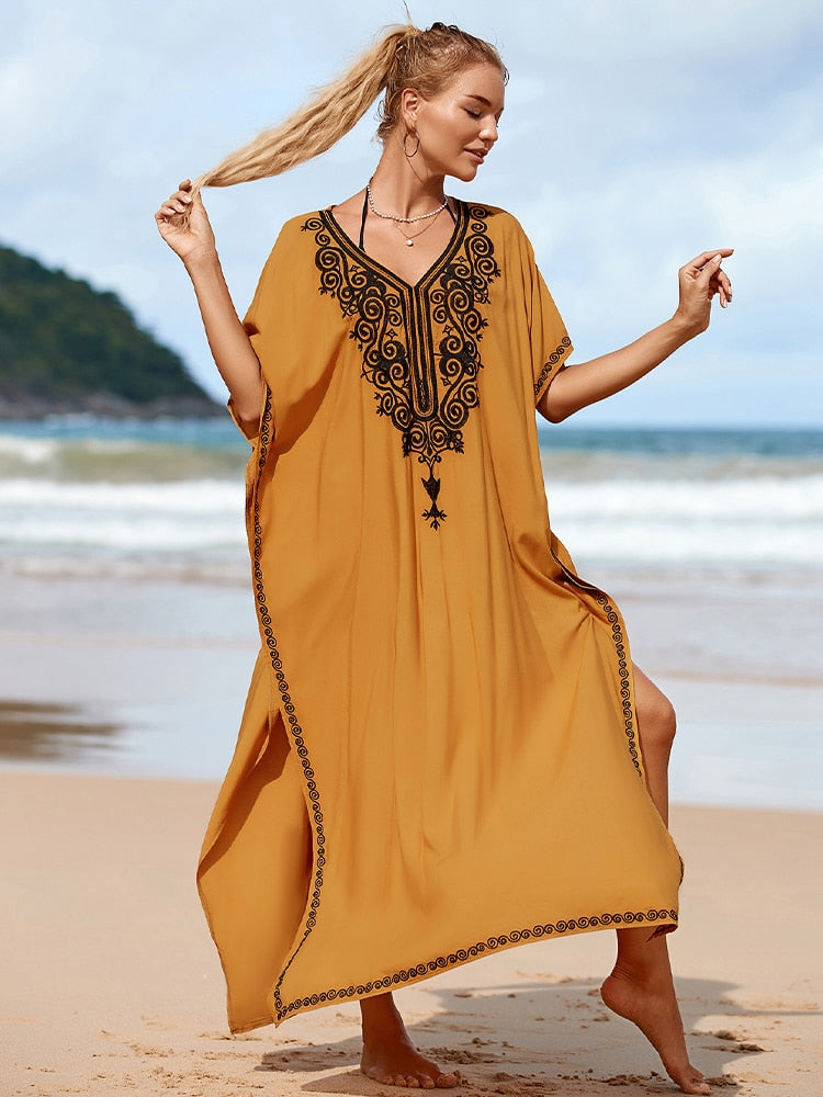 Yellow Embroidered Loose Kaftan Casual Summer Vacation Maxi Dress