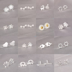 Silver Needles Lovely Mini Stud Earrings Women Cute Heart Star Moon