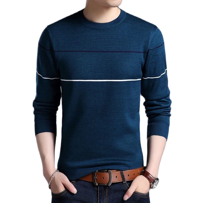 Men Knitted Sweater Comfy O Neck Long Sleeve Pullover Stripe Jumper Bottoming Shirt