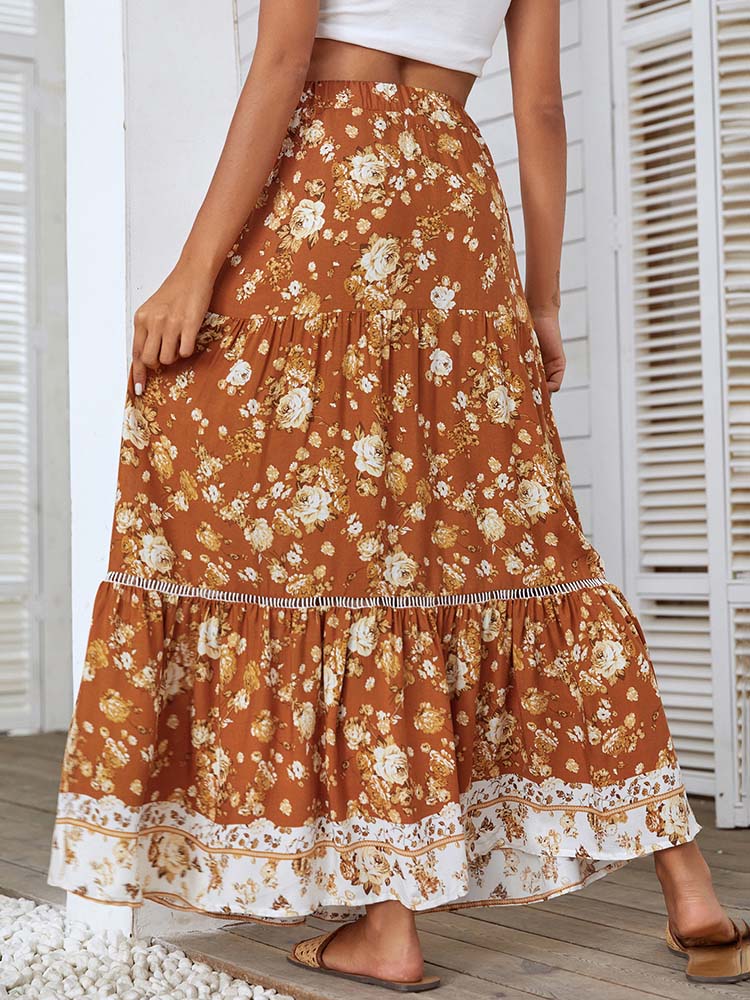 Floral Printed Bohemian Elastic High Waist  Midi Skirt Vintage