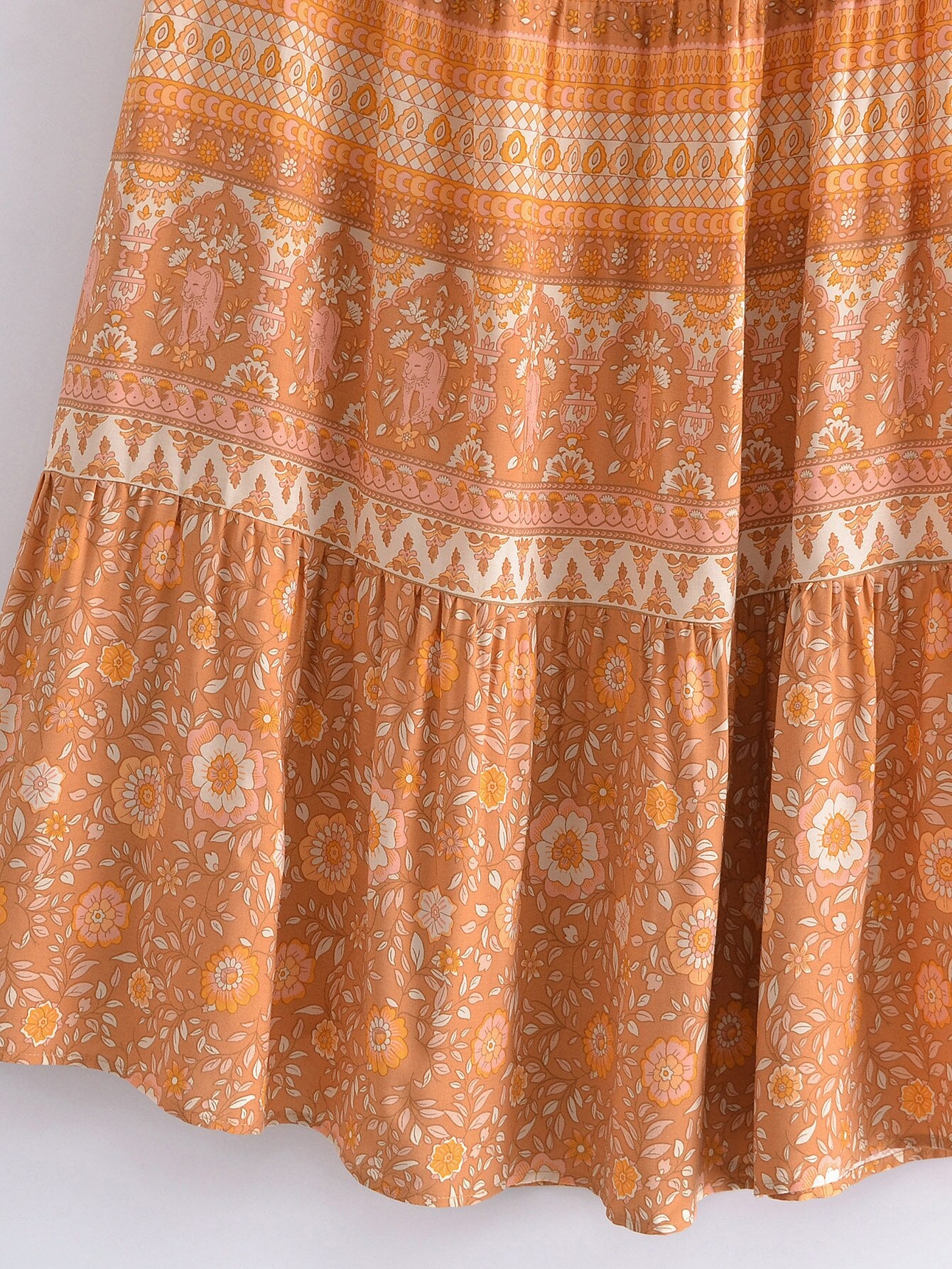 BOHO Orange Flower Print Long Skirt Spliced Ruched Ruffle