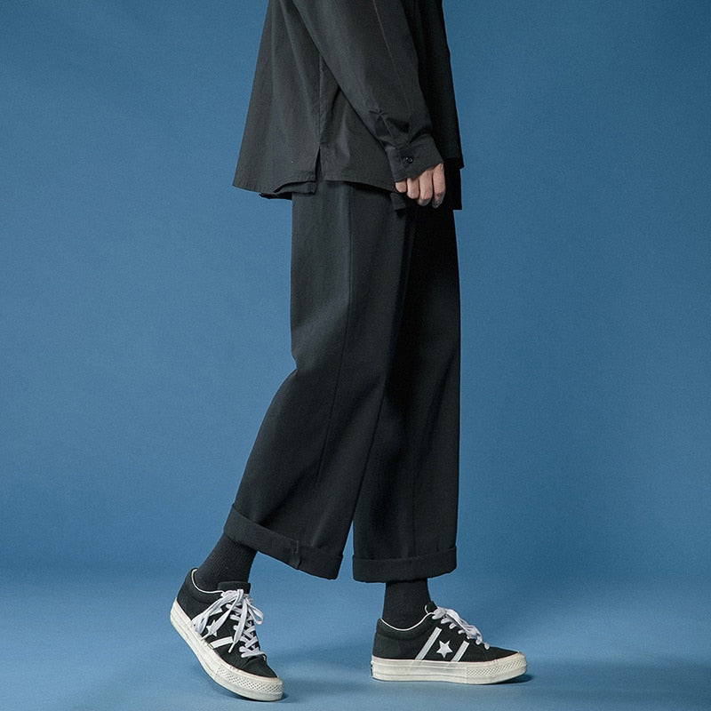 Casual Pant Men Baggy Wide Leg Pants Ankle Length Waist Loose Straight Trousers