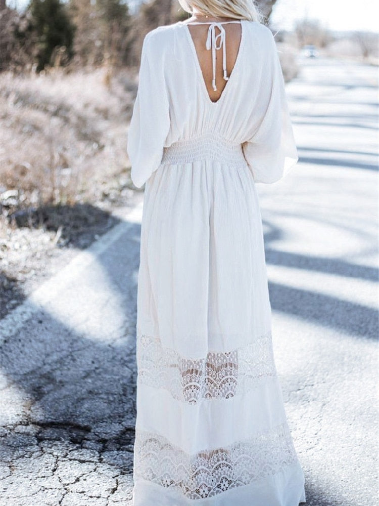 Vintage Chic White Lace Patchwork Beach Bohemian Maxi Dresses