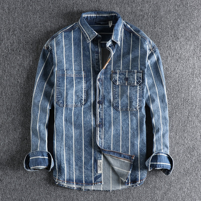 woven striped washed used denim men shirt