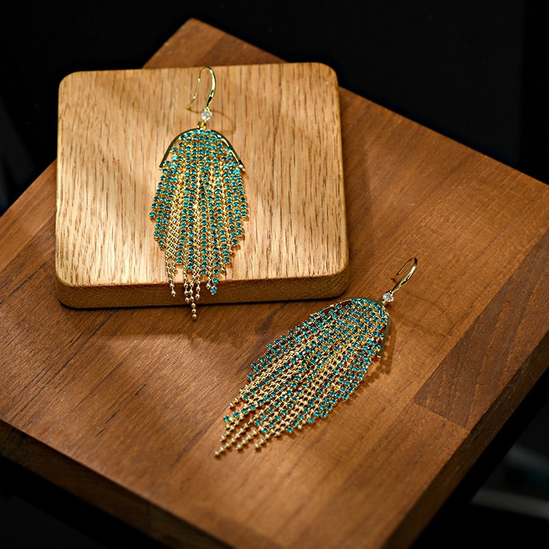 Long Fringed Peacock Ear Hook Earrings