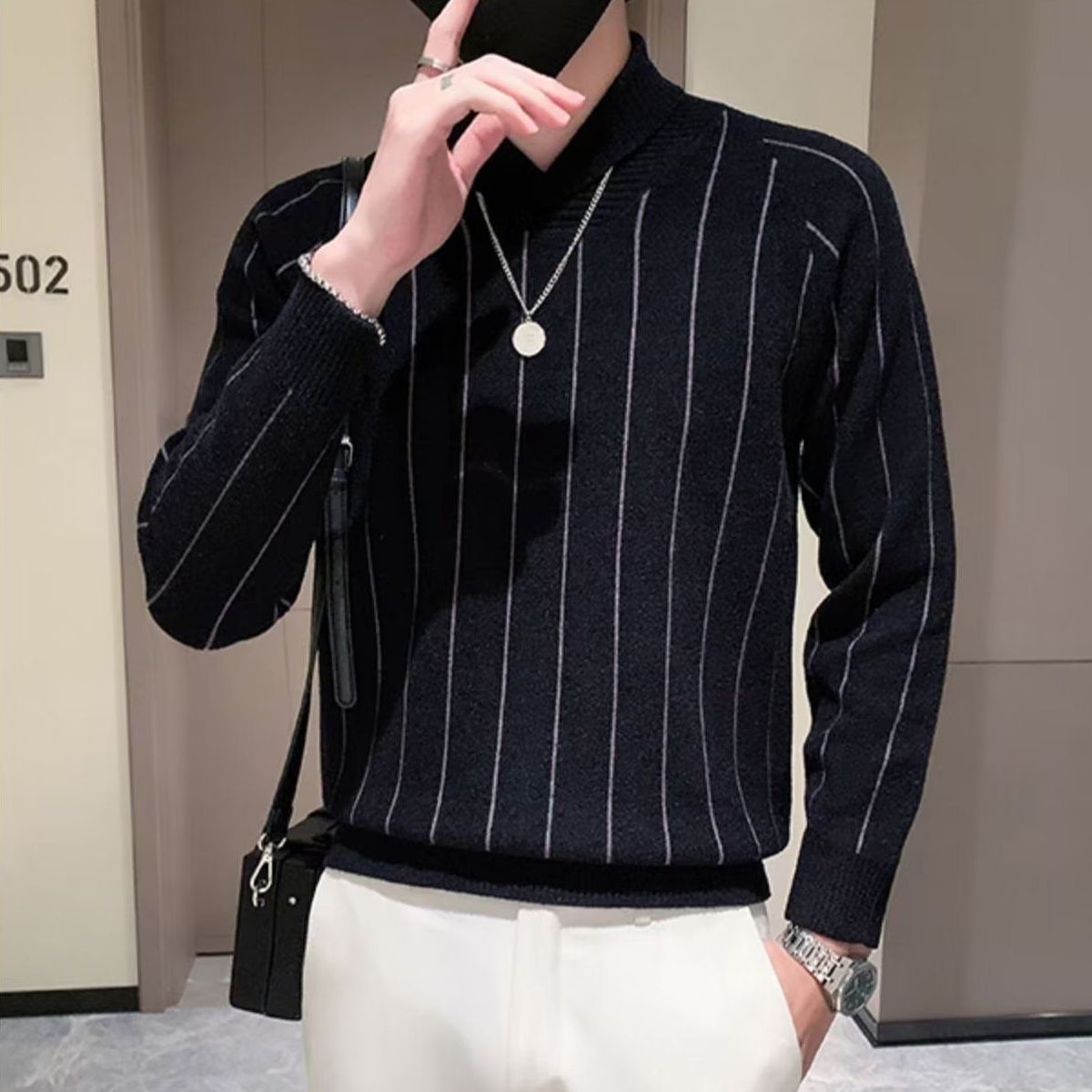 Half High Collar Striped Warm Knited Sweaters Jumpers Men Wool Pullovers Top