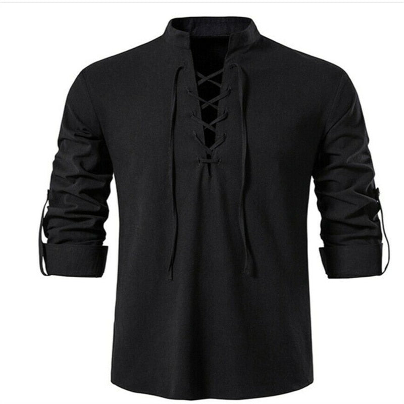 Men V-neck shirt T-shirt Thin Long Sleeve Top Breathable Front Lace Up Shirts