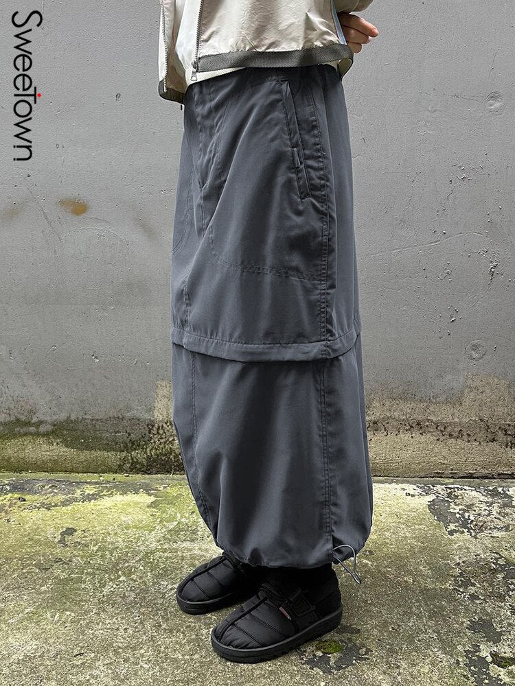 Gray Casual Baggy Loose Size Cargo Skirts Big Pockets Streetwear