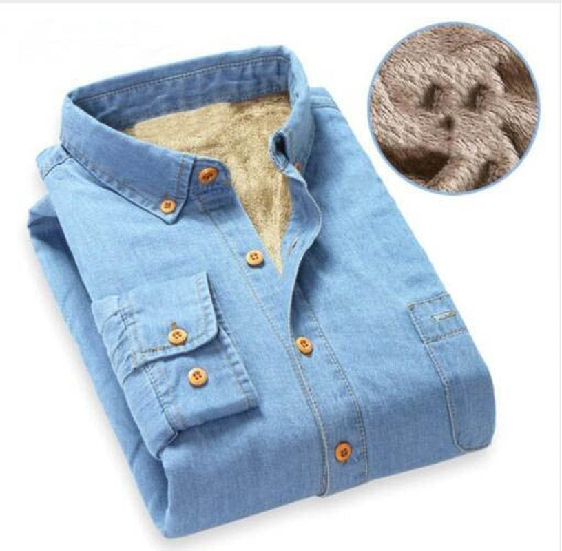 Jeans Dress Shirt Men Fleece Lined Shirts Button Down Bottoming Shirt