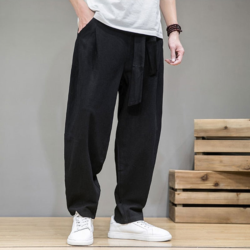 Linen Pants Men Elastic Waist Casual Harem Pant Loose Sweatpants Trousers