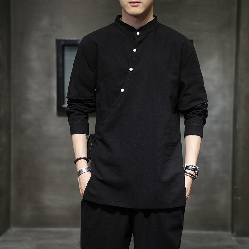 Mens Chinese Style Shirt Linen Tang Suit Stand-Up Collar tops