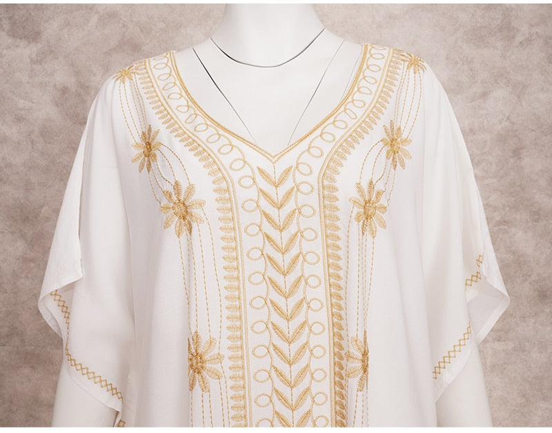 Elegant Gold Embroidered Kaftan Long White Tunic Loose Maxi Dress