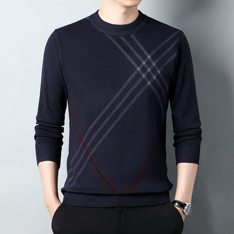 Men Sweater Thick Warm Striped Knitwear Round Neck Pullovers Clothing