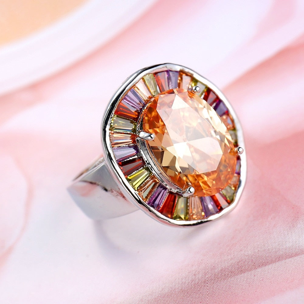 Statement Bridal Big Round Colorful CZ Finger 925 Sterling Silver Rings