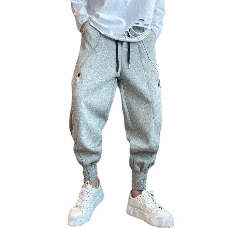 Casual Sports Pants Button Outdoors Men Elastic Zipper Foot Trousers