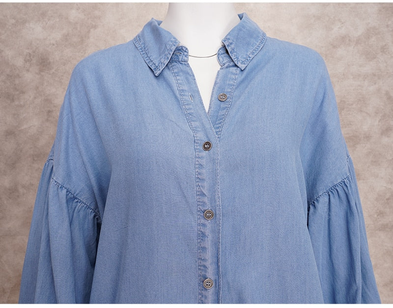 Light Blue Denim Shirt Dress Sexy Button Long Sleeve Mini Dresses