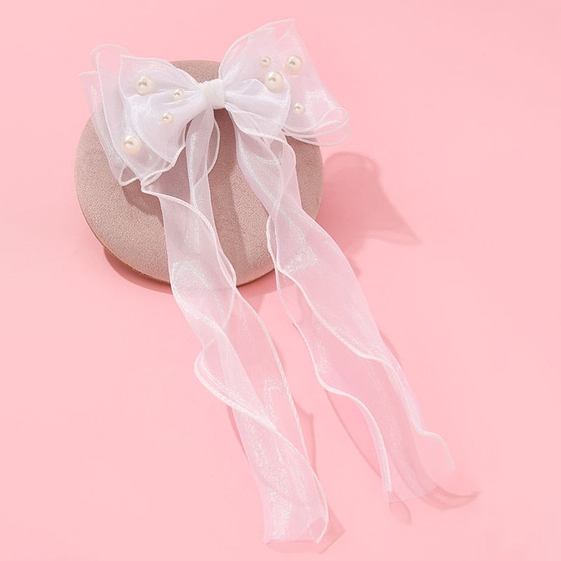 White Oversize Bow Hairpin Net Yarn  Bowknot Ribbon Hair Clip