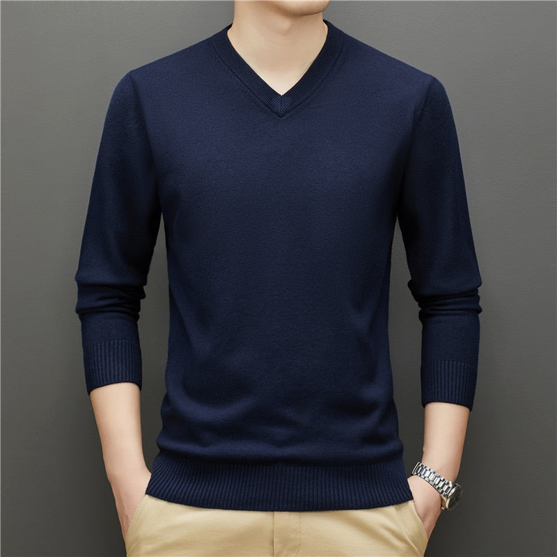 Men V-neck Thick Sweater Business Warm Knit Pullover Classic