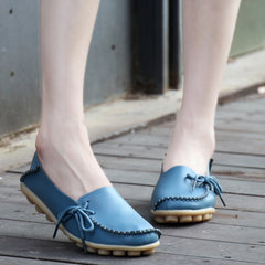 Flats Shoes Loafers Leather Female Slip on Ballet Bowtie Low-top