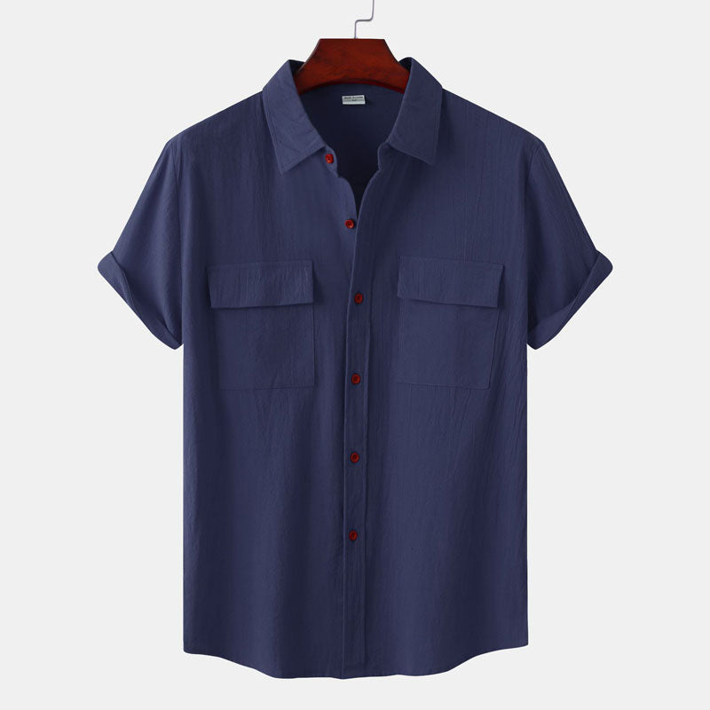 Double Pocket Linen Shirt Men Short Sleeve Button Down Shirts