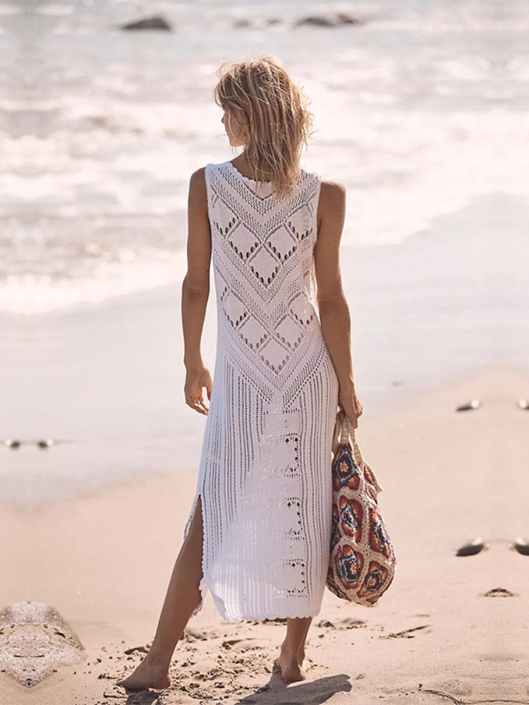 Sleeveless Bikini Cover-ups White Crochet Tunic Knitted