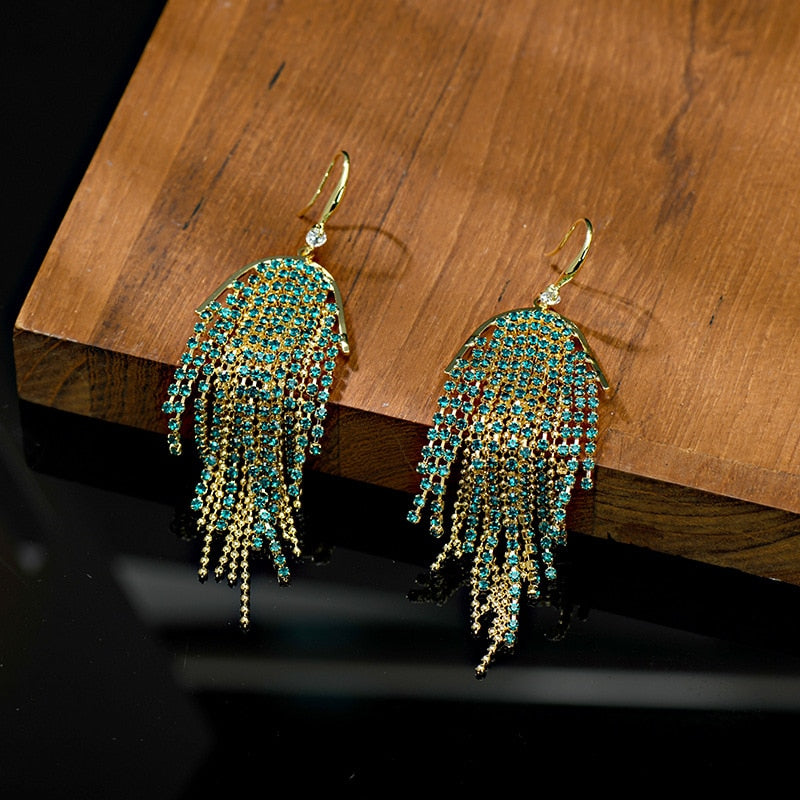 Long Fringed Peacock Ear Hook Earrings