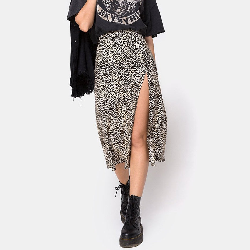 High Waist Split Midi Skirts Elegant Leopard Floral