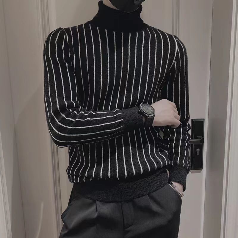 Printed Knitted Spliced Turtleneck Striped Sweater Men Loose Pullovers Warm Tops