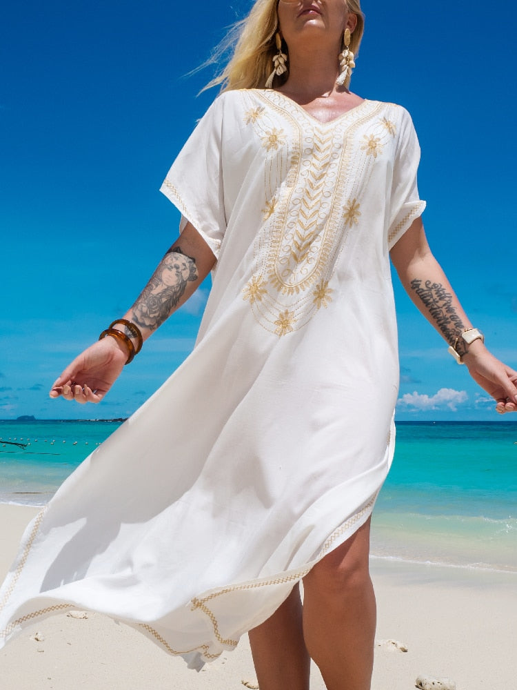 Elegant Gold Embroidered Kaftan Long White Tunic Loose Maxi Dress