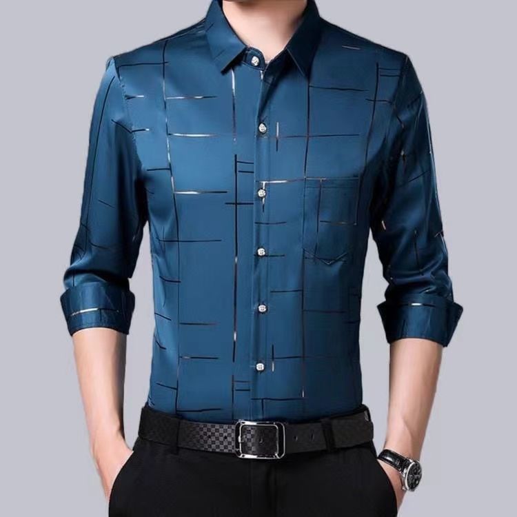 Men Thin Plaid Smooth Shirts Long Sleeve Lapel Loose Business Tops