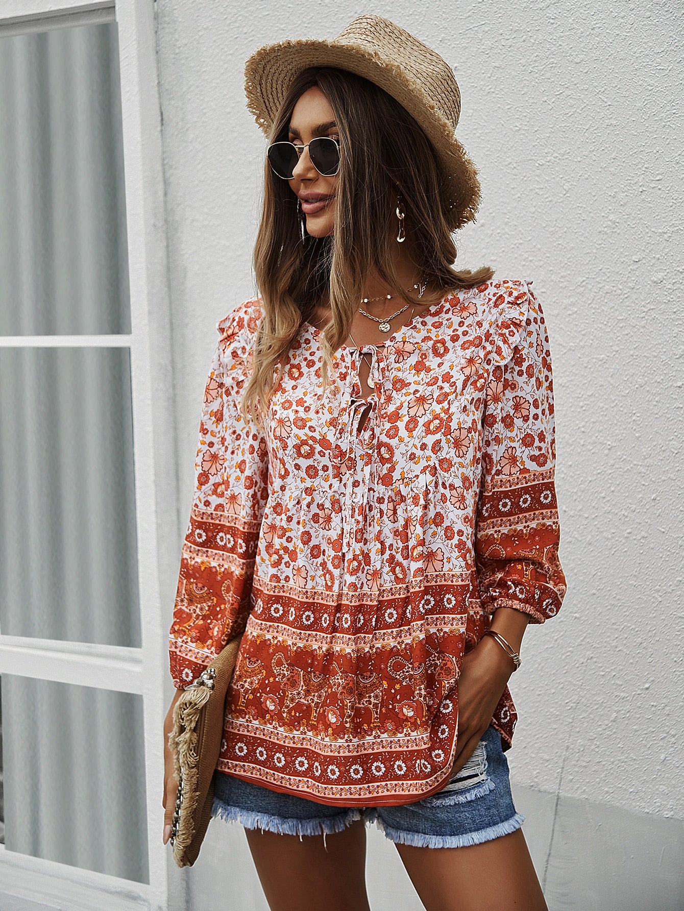 Casual Boho V Neck Top Loose Floral Printed Long Sleeve Beach Shirts Blouses