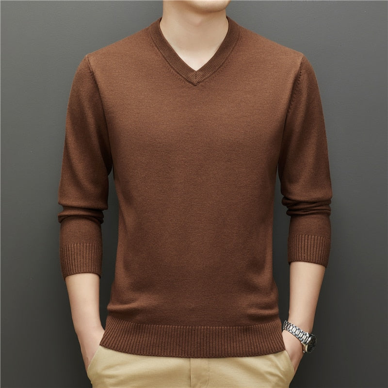 Men V-neck Thick Sweater Business Warm Knit Pullover Classic