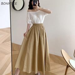 Skirts Women Solid Mid-calf Elegant Korean Style Retros