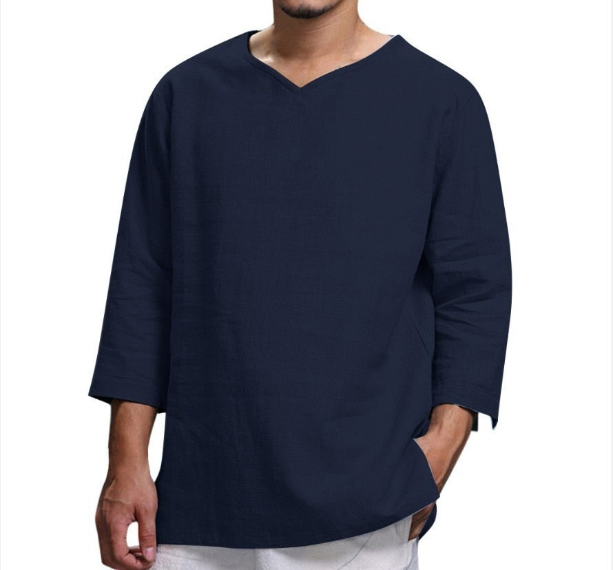 Men Casual Blouse Linen Shirt Loose Tops Long Sleeve Tee Shirts