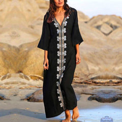 Elegant Gold Embroidered Kaftan Retro V-neck White Dress