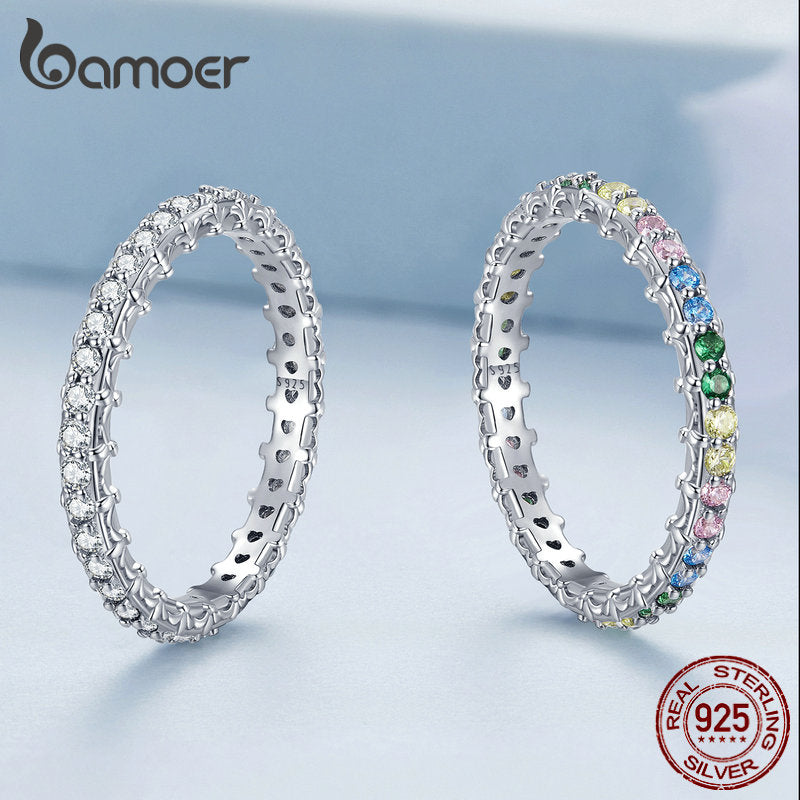 925 Sterling Silver Simple Stackable Rainbow Cubic Zircon Ring