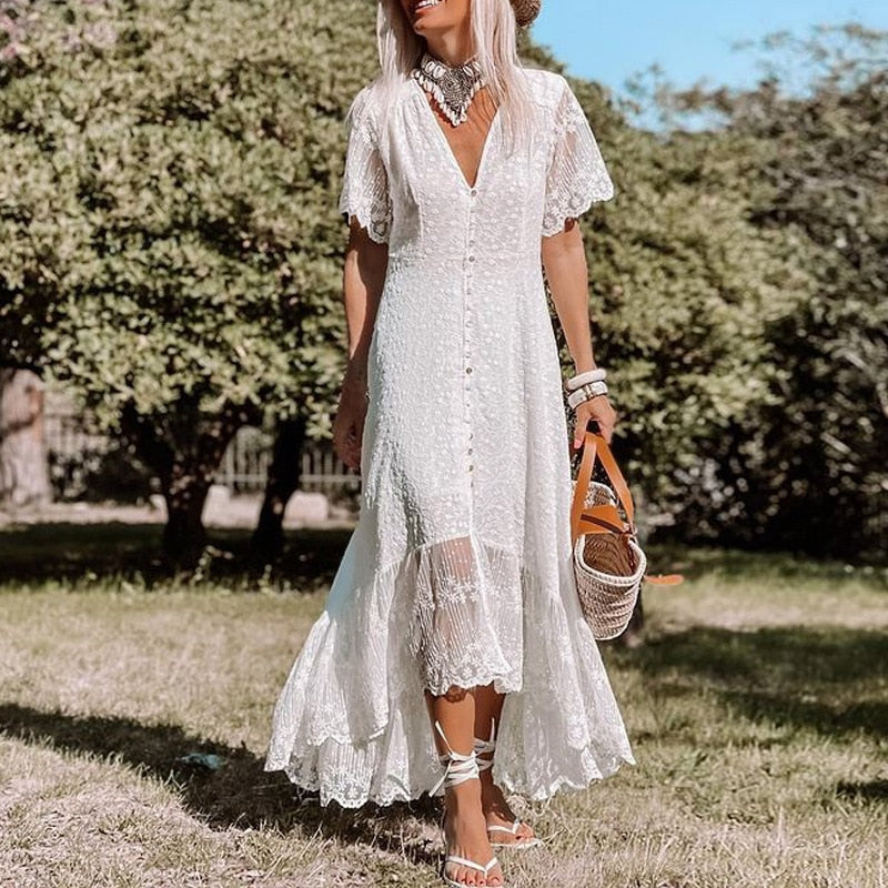 Women Solid Floral Short Sleeve Beach Slim Bohemian Maxi Dress