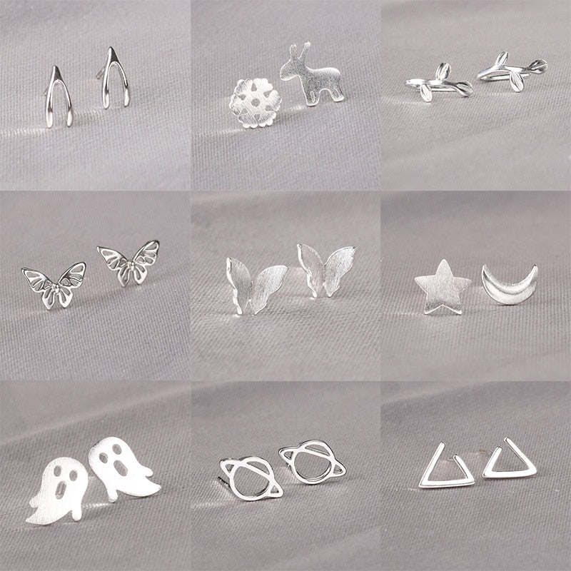 Silver Needles Lovely Mini Stud Earrings Women Cute Heart Star Moon