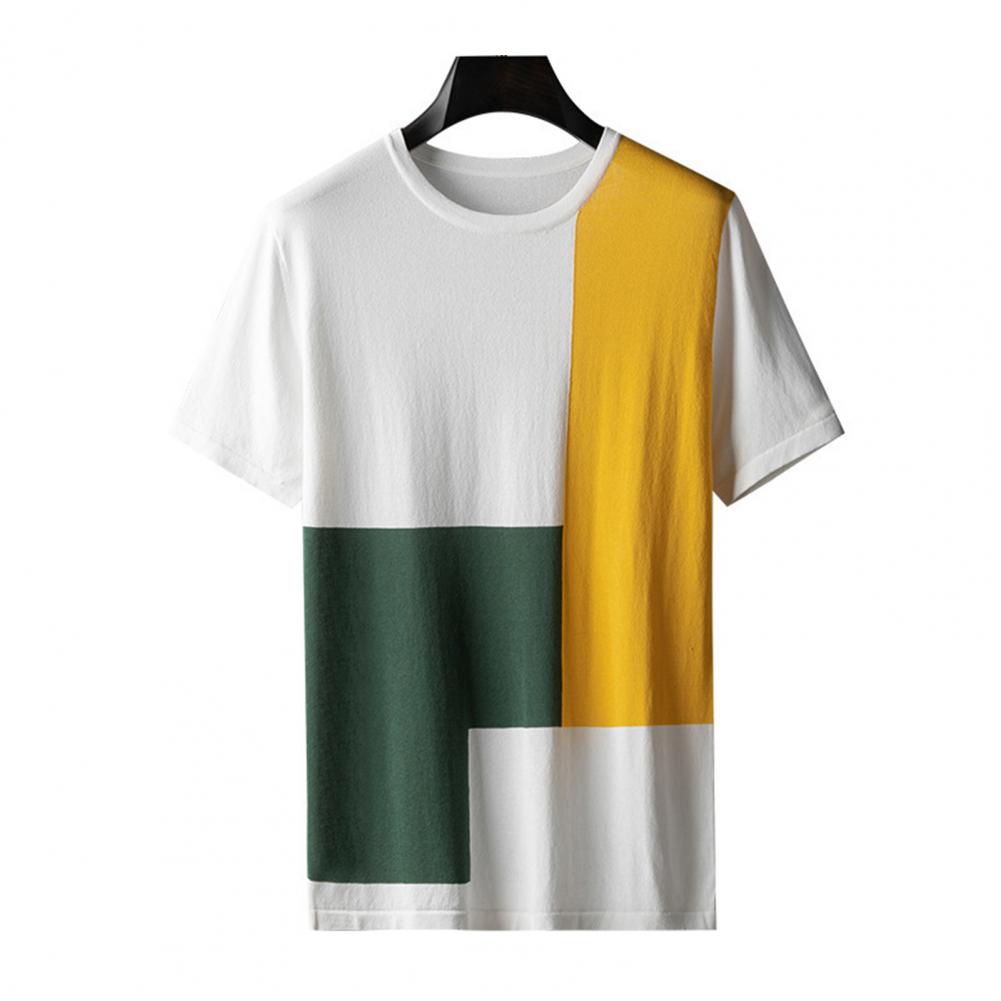 Men T-shirt Colorblock Round Neck Short Sleeves Top Soft Loose Top