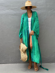 Blue Bohemian Tie dye Striped Bikini Cover-ups Long Tunic