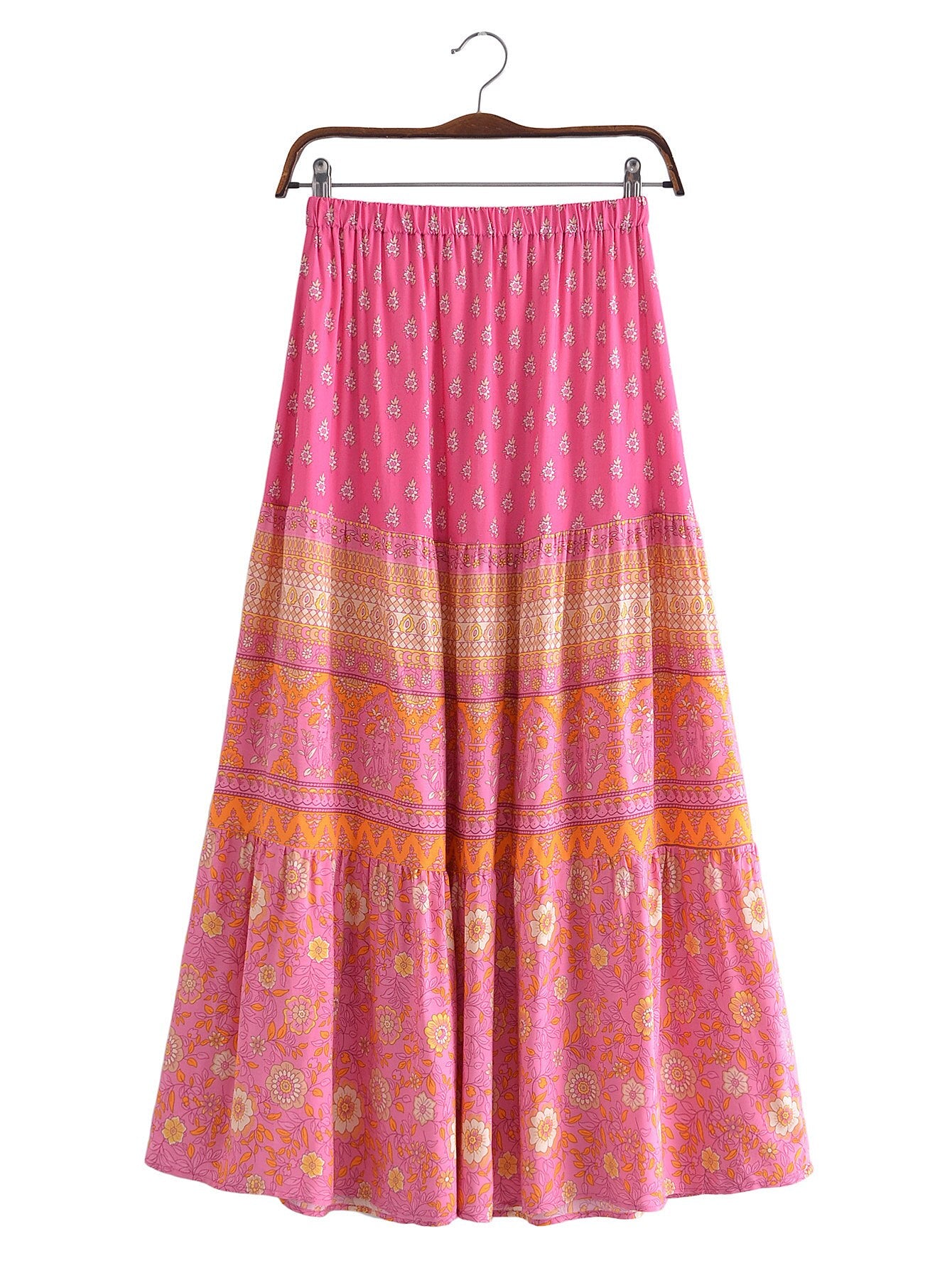 BOHO Orange Flower Print Long Skirt Spliced Ruched Ruffle