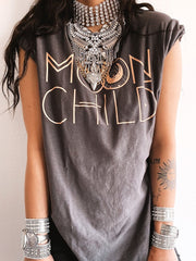 T Shirts Moon Child Print Drop-shoulder Vintage Tee Shirt