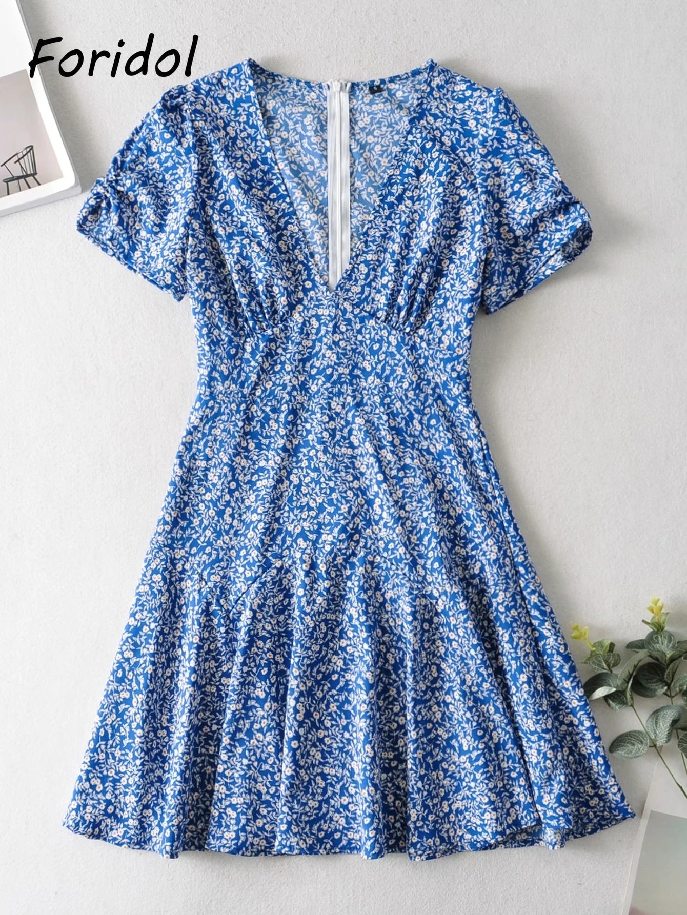 Blue Floral Print Beach Dress Short Sleeve Dress Boho