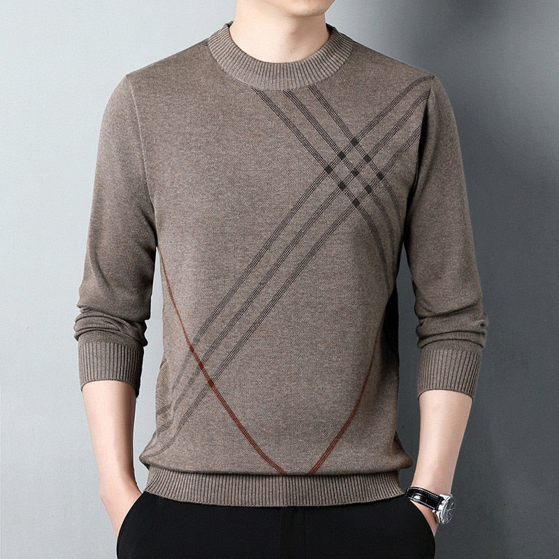 Men Sweater Thick Warm Striped Knitwear Round Neck Pullovers Clothing