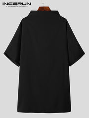 Men Shirts Solid Color Turtleneck Half Sleeve Button Up