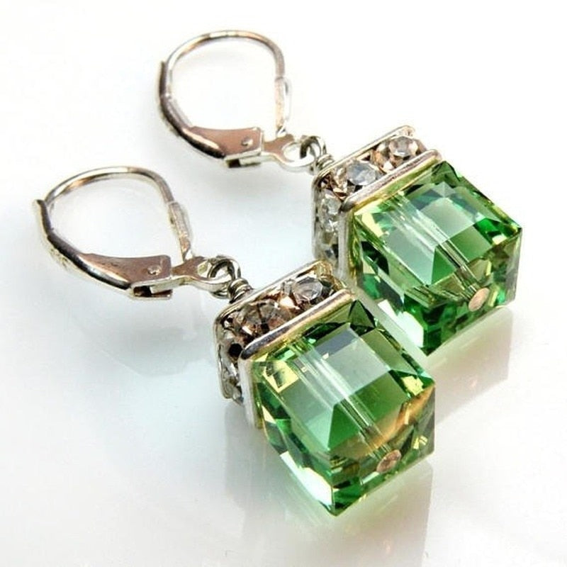 Trendy Silver Color Inlaid with Green Stones Drop Earring