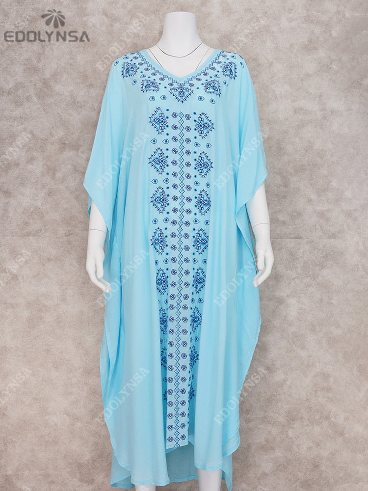 Embroidery Cotton Beach Kaftan Cover up Saida de Praia Swimsuit