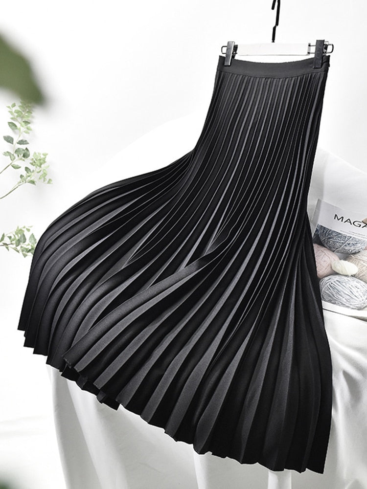 Elegant Chic Solid Pleated Skirt High Waist Luxury Fashion