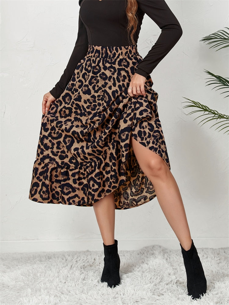 High Waist Leopard Midi Skirt For Women Casual Boho Printed Long Tulle Skirt