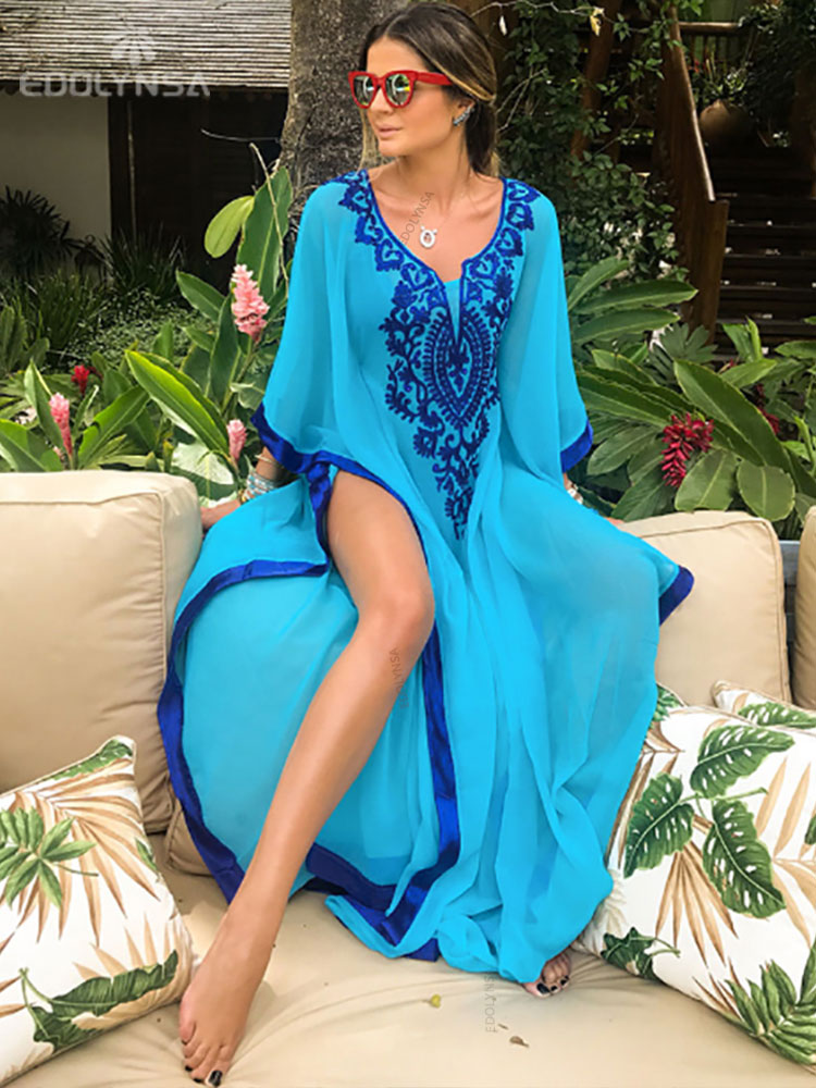 Embroidery Cotton Beach Kaftan Cover up Saida de Praia Swimsuit